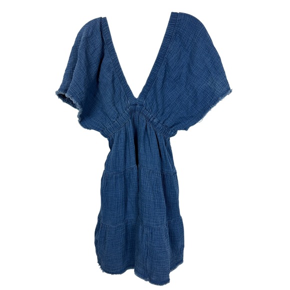 aerie Dresses & Skirts - Aerie Blue Cotton Gauze Tiered Mini Dress V-Neck Raw Hem Boho XL